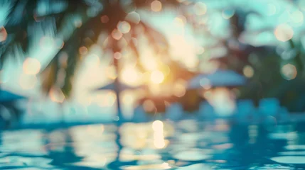 Lichtdoorlatende rolgordijnen zonder boren Bestemmingen Blur summer background for resort hotel pool party with blue cool sky and tropical palm tree : Generative AI