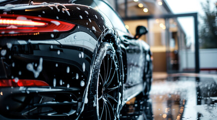 Luxury black sports car receiving professional shampoo wash, with space for text - obrazy, fototapety, plakaty