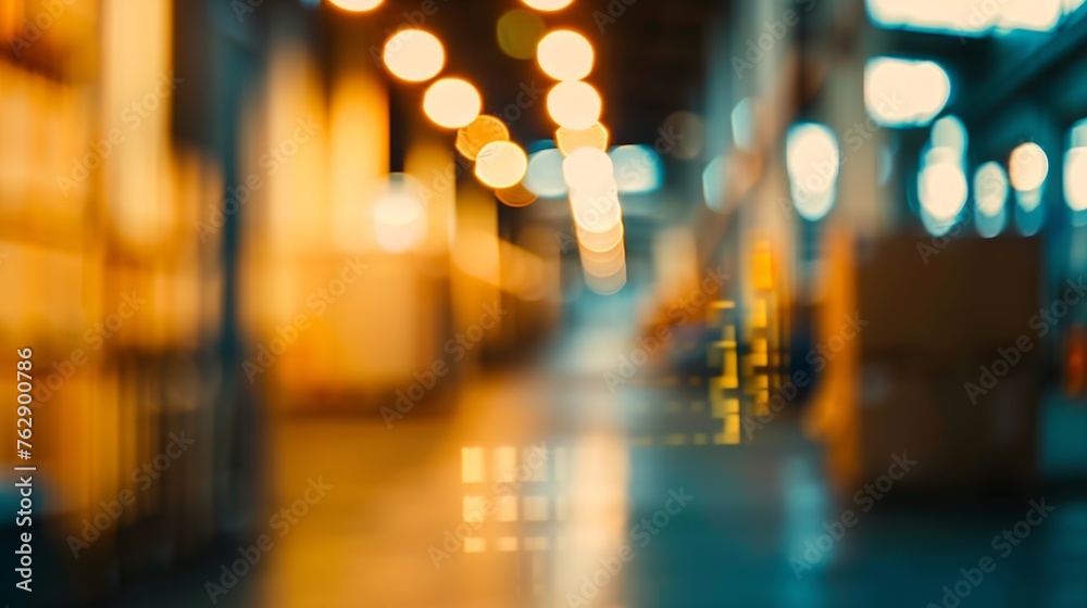 Aufkleber Blur warehouse background Blurred store factory industry warehouse space and hardware box for delivery with bokeh light background business logistic distribution storage cargo concept : Generative AI