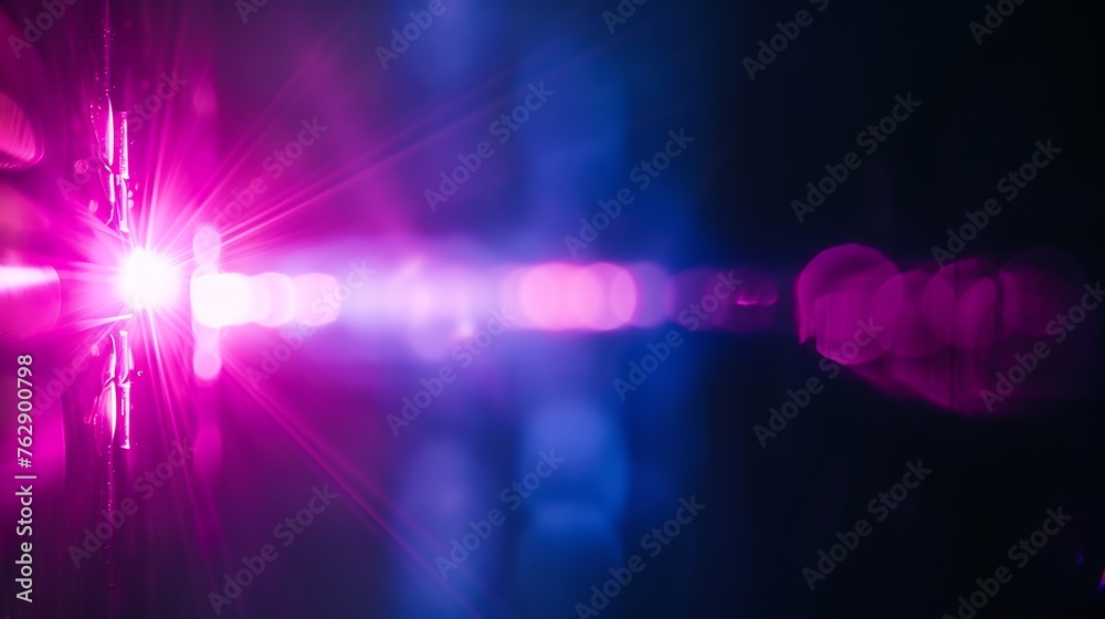 Aufkleber Neon light flare Blur glow overlay Futuristic glare Defocused fluorescent navy blue pink purple color flecks reflection on dark presentation copy space abstract background : Generative AI