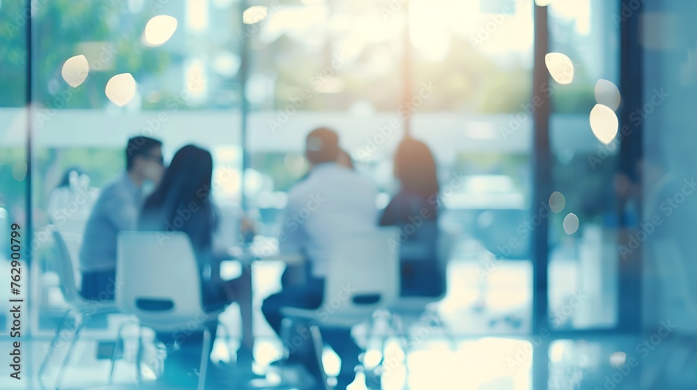 Poster blurred office background group of people on business discussion and planning : generative ai