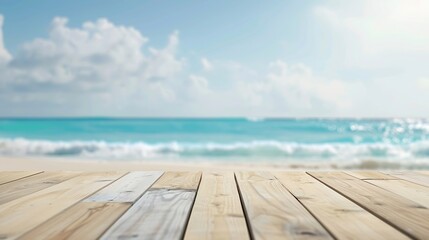 Fototapeta premium The blur cool sea background on horizon tropical sandy beach relaxing outdoors vacation with heavenly mind view at a resort deck touching sunshine sky surf summer clouds and light blue : Generative AI