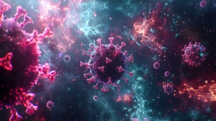 SARS-CoV-2 virus in 3D, COVID-19 theme, pandemic info space - obrazy, fototapety, plakaty
