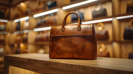 A elegant brown bag  is on display shelf in a luxury boutique store.