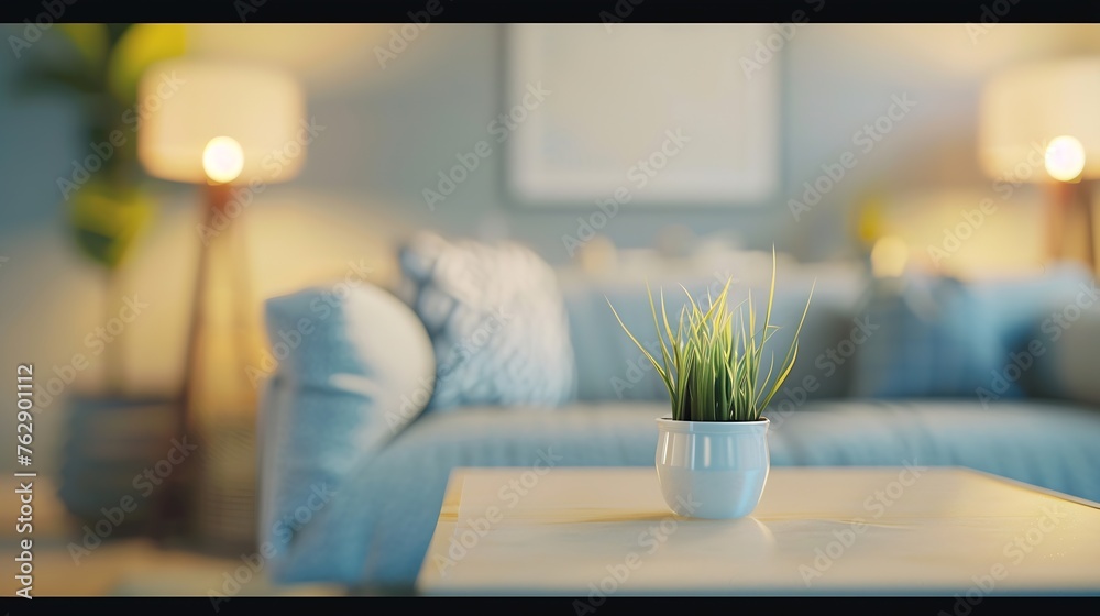 Poster blur image of living room with table and sofa for background usage : Generative AI