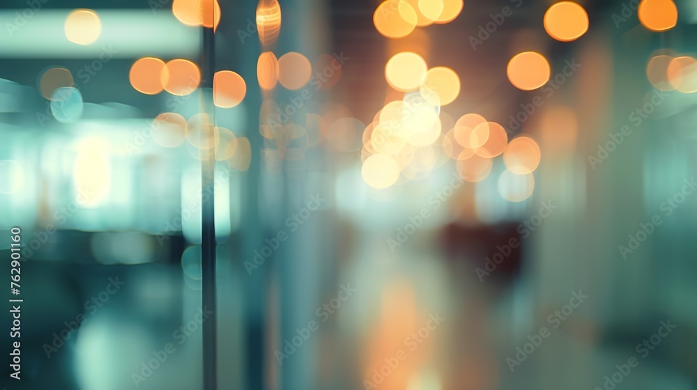Poster Blurred empty open space office Abstract light bokeh at office interior background for design : Generative AI