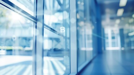 BLURRED OFFICE BACKGROUND LIGHT BLUE BUSINESS HALL WITH BIG WINDOW AND LIGHT REFLECTIONS : Generative AI