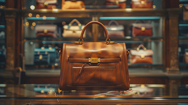 A elegant brown bag  is on display shelf in a luxury boutique store.