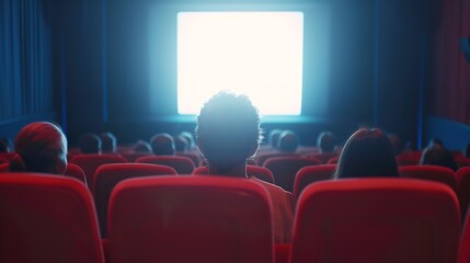 Cinema blank screen and people in red chairs in the cinema hall Blurred People silhouettes watching movie performance : Generative AI