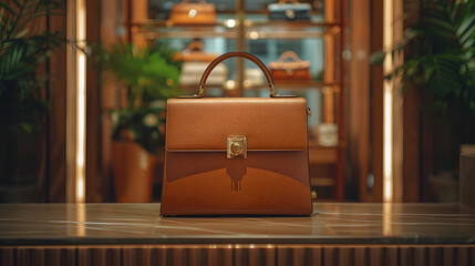 A elegant brown bag  is on display shelf in a luxury boutique store. - obrazy, fototapety, plakaty