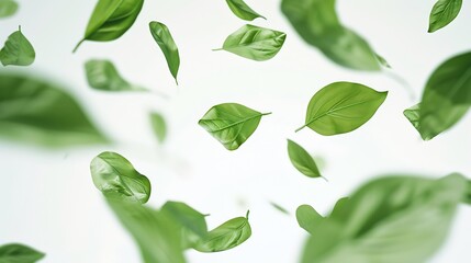 Flying green leaves on white background : Generative AI