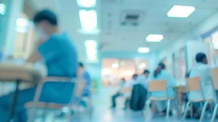 Fototapeta premium Blurred doctors nurses or hospital meeting for surgery planning treatment innovation or medicine research Talking men or healthcare women in teamwork collaboration or diversity in defo : Generative AI