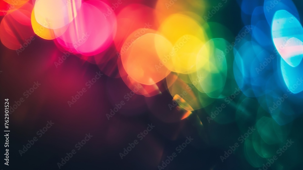 Poster blur colorful warm rainbow light leaks on black background with dust texture defocused abstract dama