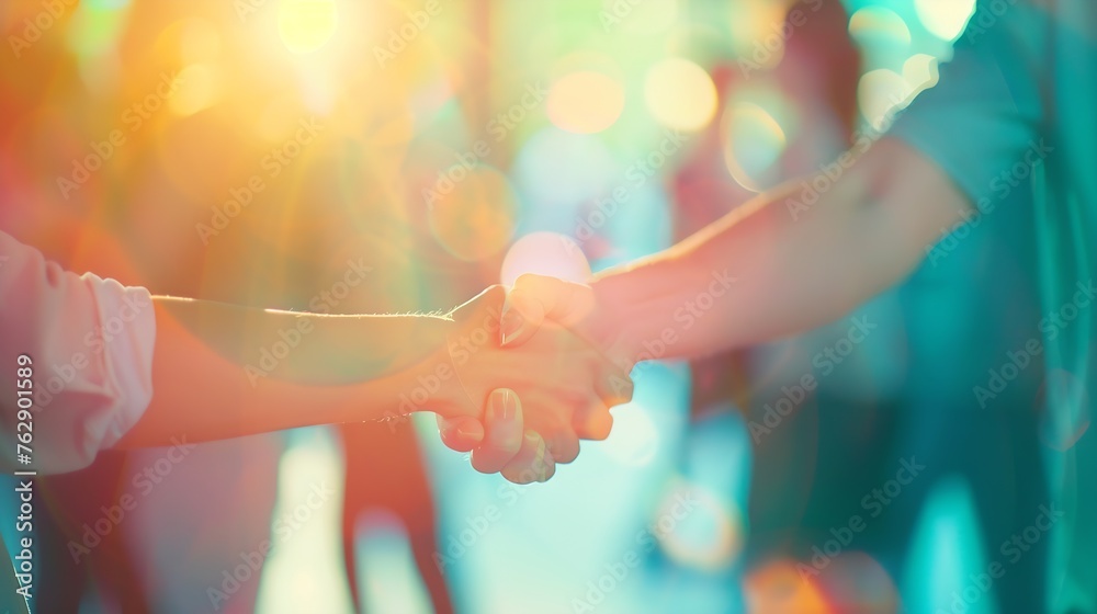 Poster blurry image of a handshake of business people at a meeting in the office : generative ai