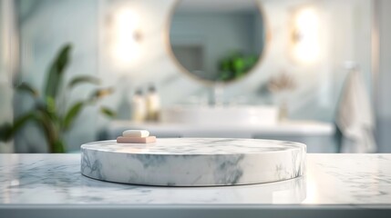 Marble podium for bathing product display on blurred bathroom background : Generative AI