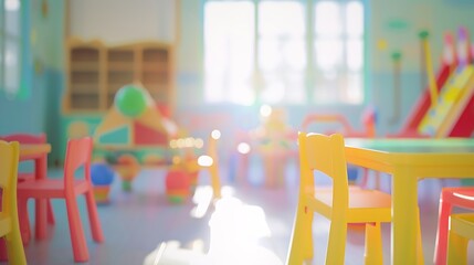 Kindergarten classroom school background Class room for children students or nursery kids Blur daycare preschool : Generative AI