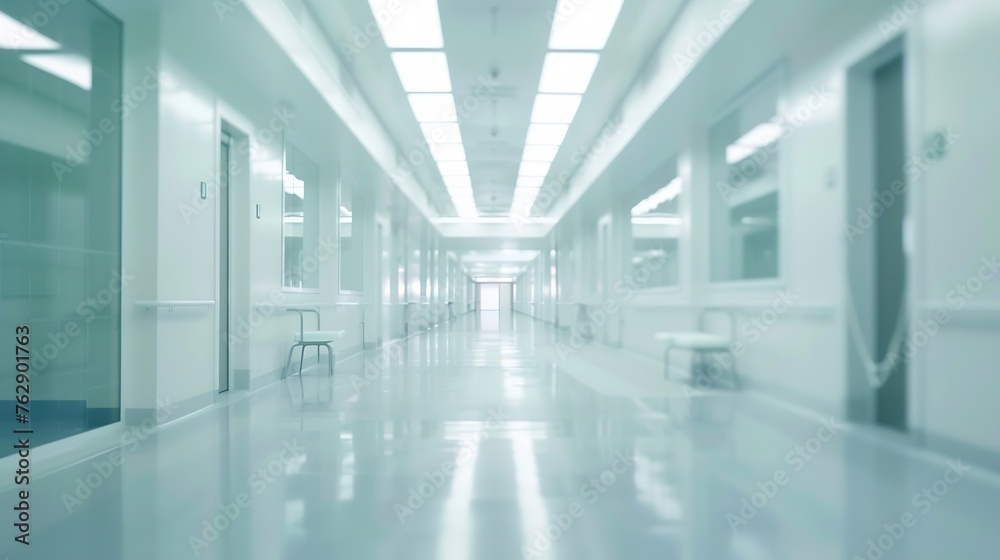 Aufkleber blurred background of an interior of a modern hospital with an empty long corridor there are treatme