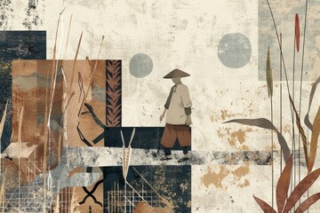 A contemporary wallpaper illustration featuring a rice farmer surrounded by geometric abstractions and organic textures, symbolizing, Generative AI