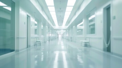 Blurred background of an interior of a modern hospital with an empty long corridor there are treatment rooms and waiting room for patients and families between the corridor with bright : Generative AI