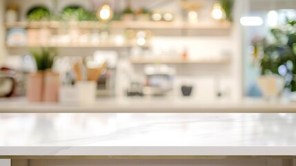 White table and blur kitchen background Empty white marble counter shelf table top over blur store shop with abstract bokeh light background Product and food display desk banner mockup : Generative AI