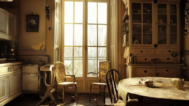 kitchen interior with old furniture and window, vintage toned image