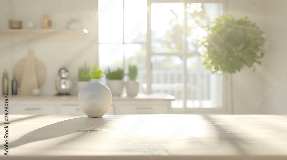 Poster empty modern coffee kitchen table countertop platform and blurry soft light window and cozy home int
