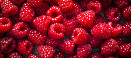 Vibrant close-up of ripe red raspberries with luscious texture - obrazy, fototapety, plakaty