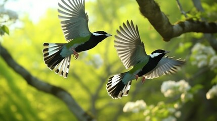 Green Magpies from Indochina flying in the forest in search of food
