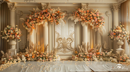 Fototapeta na wymiar Elegant room with floral arch and furniture. for wedding studio