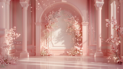 Pink blossoms in sunlit room.for wedding studio