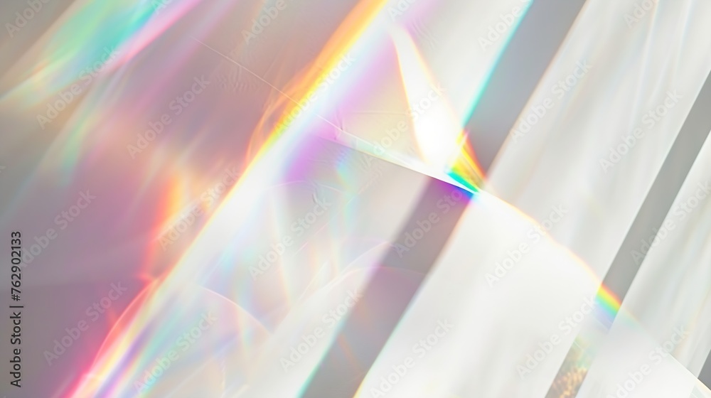 Poster Blurred rainbow light refraction texture overlay effect for photo and mockups Organic drop diagonal holographic flare on a white wall Shadows for natural light effects : Generative AI