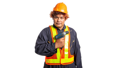 Transparent background, image of construction worker, wearing protective clothing, with a protective helmet, holding a hammer, holding a drill, showing a gesture