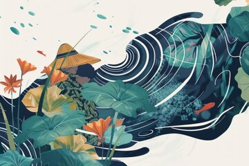A dynamic wallpaper design featuring a rice farmer surrounded by abstract elements inspired by the rhythms of nature, such as wind, rain, and sunlight, Generative AI