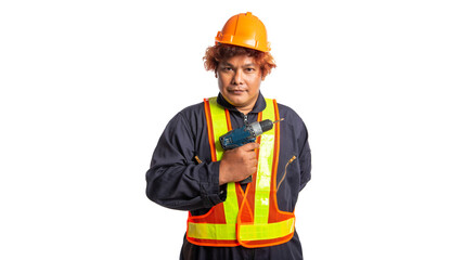 Transparent background, image of construction worker, wearing protective clothing, with a protective helmet, holding a hammer, holding a drill, showing a gesture