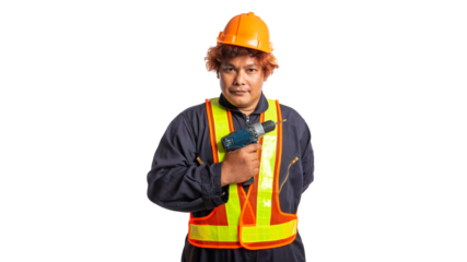 Transparent background, image of construction worker, wearing protective clothing, with a protective helmet, holding a hammer, holding a drill, showing a gesture