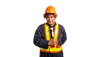 Transparent background, image of construction worker, wearing protective clothing, with a protective helmet, holding a hammer, holding a drill, showing a gesture