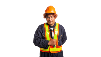 Transparent background, image of construction worker, wearing protective clothing, with a protective helmet, holding a hammer, holding a drill, showing a gesture