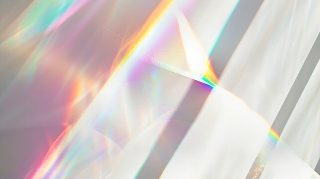 Blurred rainbow light refraction texture overlay effect for photo and mockups Organic drop diagonal holographic flare on a white wall Shadows for natural light effects : Generative AI