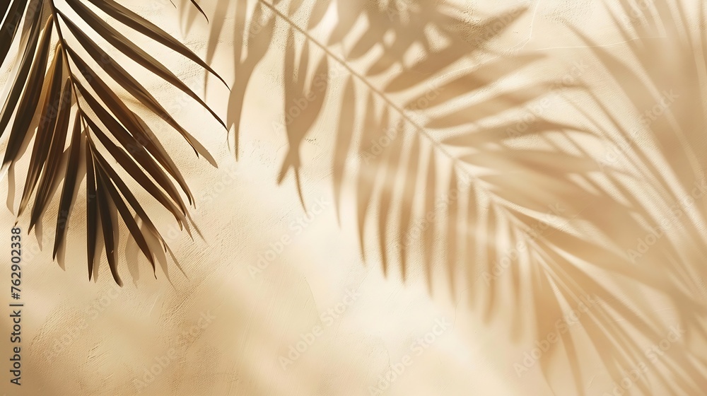 Aufkleber Abstract background of shadows palm leaves on a sand color wall Summer beach concept with palm tree leaf : Generative AI