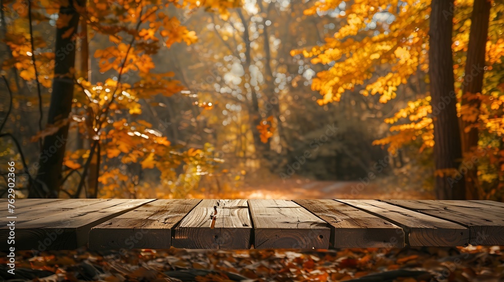 Aufkleber The empty rustic wooden table for product display with blur background of autumn forest Exuberant image : Generative AI