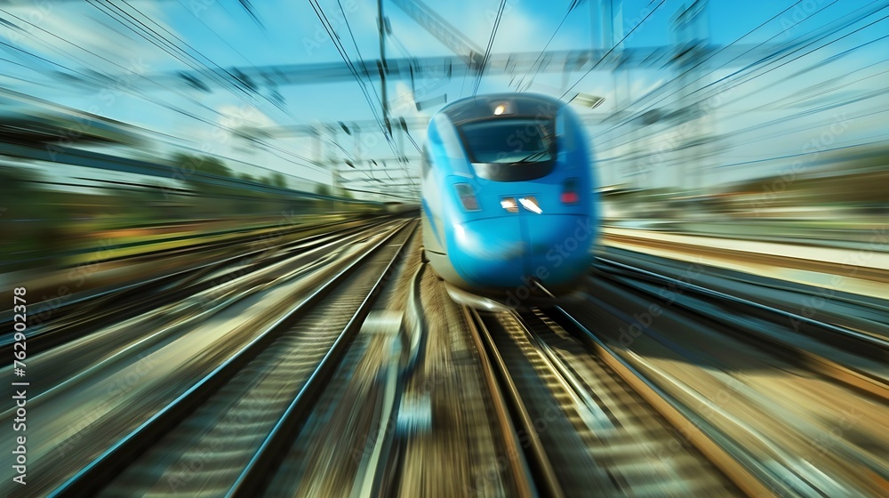 Poster Blue high speed train runs on rail tracks  The train is going too fast as a result the air pressure is causing too much heat at the front : Generative AI