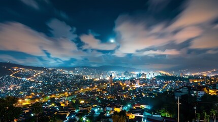 Obraz premium Wide Panoramic Colorful Tegucigalpa Night Cityscape Long Exposure Shot With Blurred Clouds : Generative AI