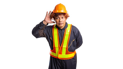 Transparent background, image of construction worker, wearing protective clothing, with a protective helmet, holding a hammer, holding a drill, showing a gesture