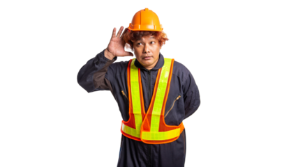 Transparent background, image of construction worker, wearing protective clothing, with a protective helmet, holding a hammer, holding a drill, showing a gesture