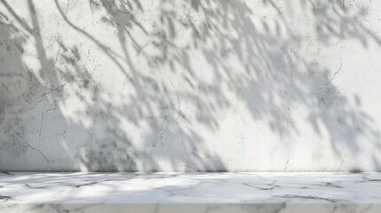 White Marble Table with Tree Shadow on Concrete Wall Texture Background Suitable for Product Presentation Backdrop Display and Mock up : Generative AI