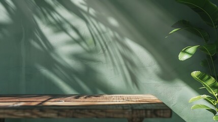 wood table green wall background with sunlight window create leaf shadow on wall with blur indoor green plant foregroundpanoramic banner mockup for display of producteco friendly inter : Generative AI - obrazy, fototapety, plakaty
