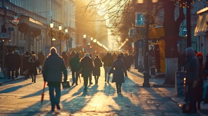 Blurred main street of a large Ukrainian city at sunset golden hour in winter with bright sun crowd...