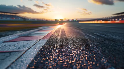 Evening scene asphalt international race track with starting or end line digital imaging recomposition background : Generative AI