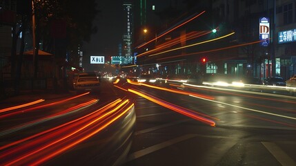 Fototapeta na wymiar the light trails on the street in shanghai china : Generative AI