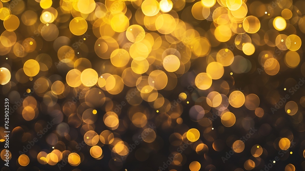 Poster golden blurred bokeh lights on black background glitter sparkle stars for celebrate overlay for your